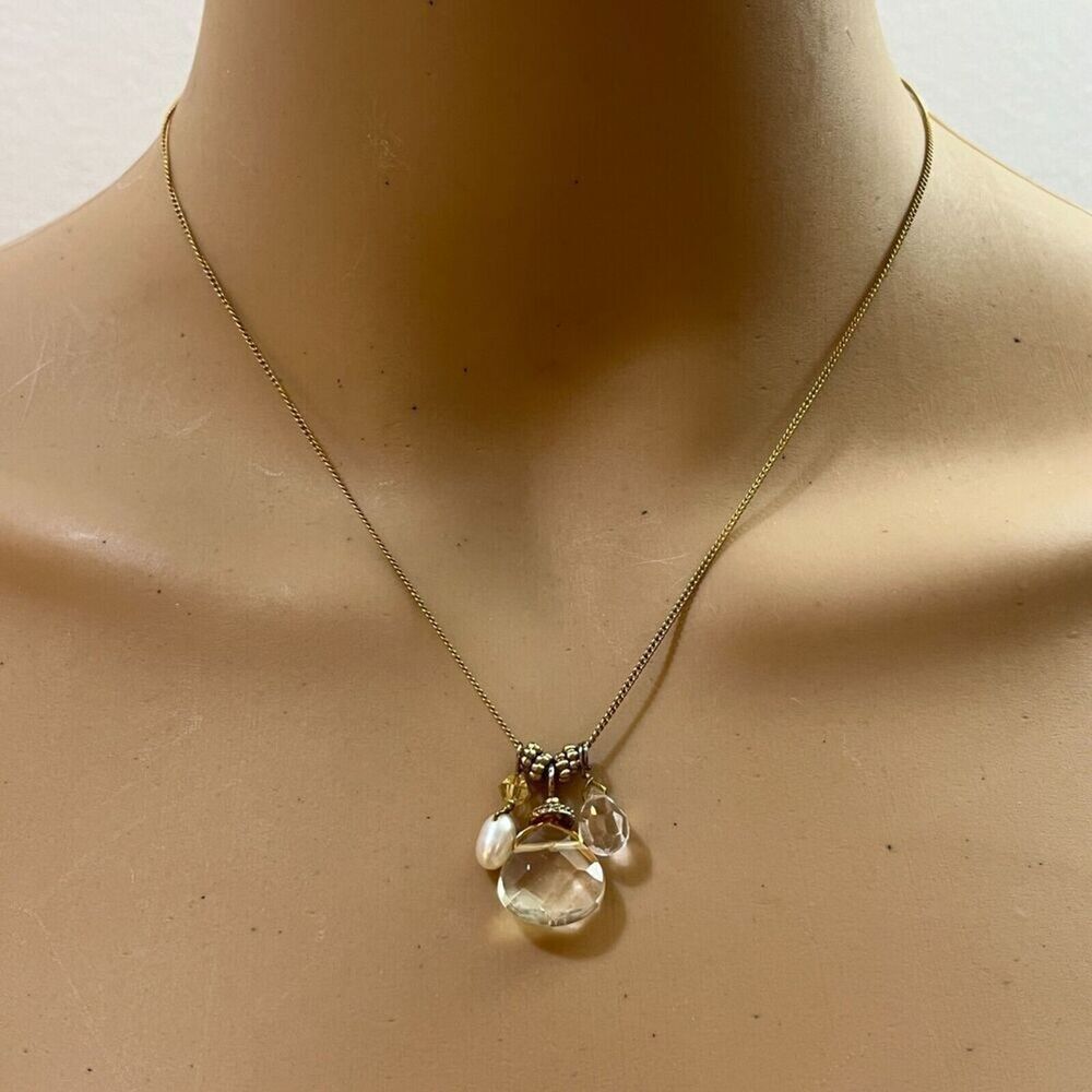 Handmade Teardrop Quartz Necklace Gold Tone Chain Cultured Pearl Rhinestone 20in
